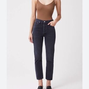 AGolde Riley High Rise Straight Crop Jeans in charcoal black with button fly
